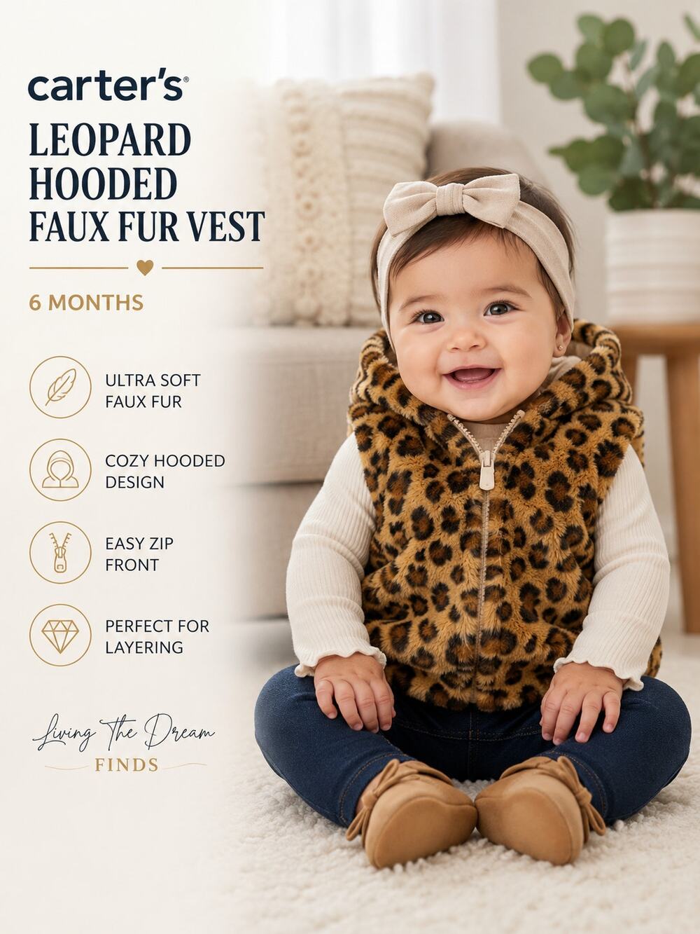 Carter's Baby Girls Leopard Print Hooded Faux Fur Vest 6 Months Zip Front
